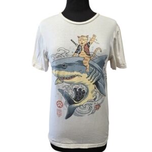 Threadless Catana Cat Shark Graphic White Short Sleeve Tee Novelty Kitty